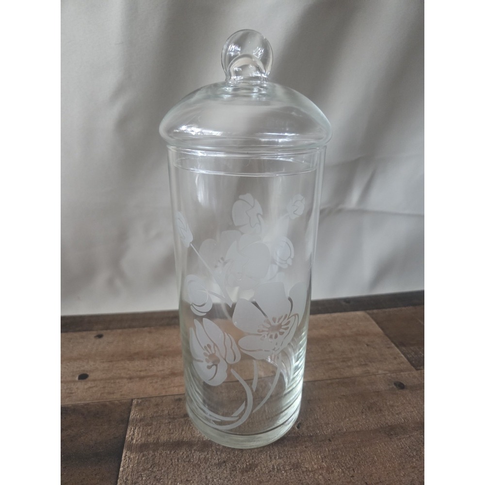 Vintage Pasabahce European Etched Glass Apothecary Jar w/Lid Floral Design